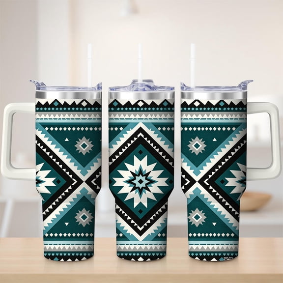 Aztec Tribal Teal Stainless Steel Tumbler with Lid and Handle, for mom, 30oz