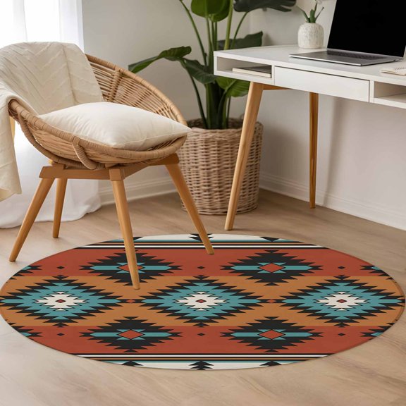 Aztec Tribe 3.3ft Round Rug for Bedroom Reading Corner, Blue Rhombus Geometric Pattern Orange Background Washable Non Slip Circle Area Rug