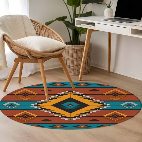 Aztec Tribe 3.3ft Round Rug for Bedroom Reading Corner, Orange Yellow Rhombus Geometric Pattern Washable Non Slip Circle Area Rug