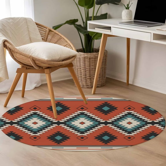 Aztec Tribe 3.3ft Round Rug for Bedroom Reading Corner, Rhombus Geometric Abstract Art Pattern Washable Non Slip Circle Area Rug