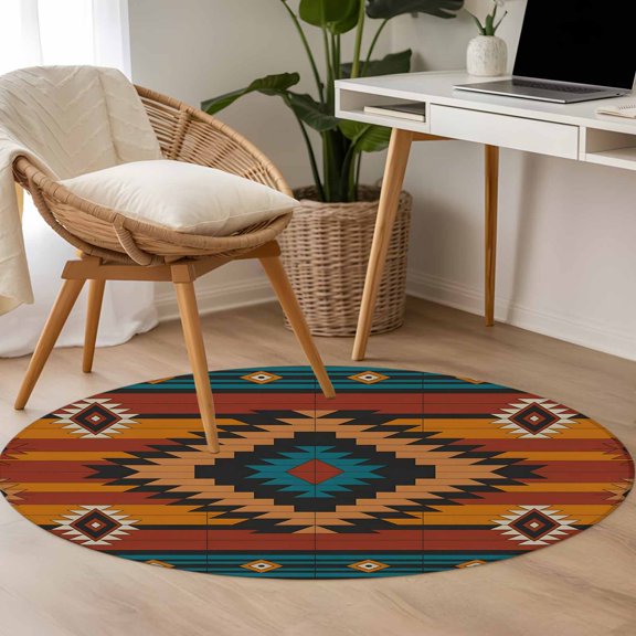 Aztec Tribe 3.3ft Round Rug for Bedroom Reading Corner, Rhombus Geometric Pattern Striped Background Washable Non Slip Circle Area Rug