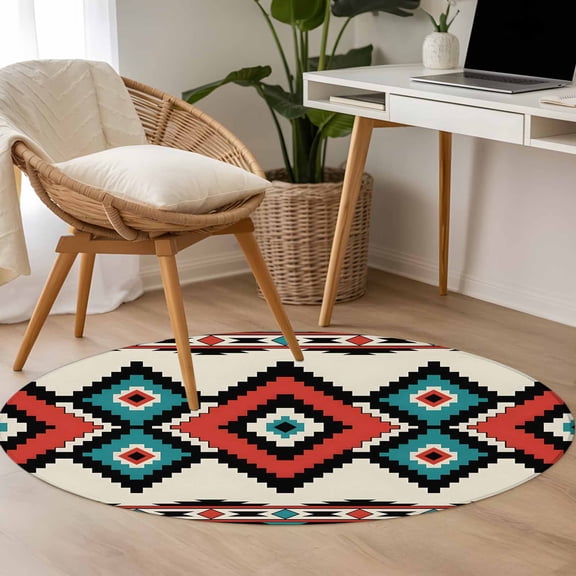 Aztec Tribe 3.3ft Round Rug for Bedroom Reading Corner, Rhombus Mosaic Geometric Pattern Washable Non Slip Circle Area Rug