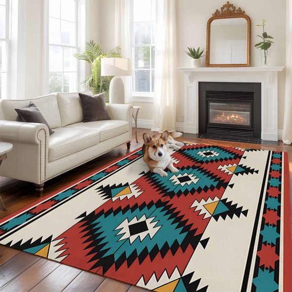 Aztec Tribe 5x8 Rug for Bedroom Under Queen Bed Placement, Red Black Blue Rhombus Geometric Pattern Washable Non Slip Large Rectangle Area Rug