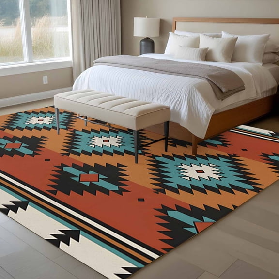 Aztec Tribe 6x9 Rug for Dining Room Table and Chair Setup, Blue Rhombus Geometric Pattern Orange Background Low Pile Washable Non Slip Rectangle Area Rug