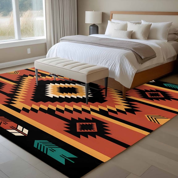 Aztec Tribe 6x9 Rug for Dining Room Table and Chair Setup, Brown Green Abstract Vintage Geometric Arrow Low Pile Washable Non Slip Rectangle Area Rug