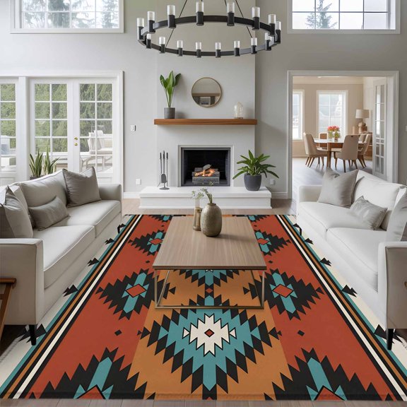 Aztec Tribe 8x10 Area Rug for Living Room Sectional Sofa, Blue Rhombus Geometric Pattern Orange Background Washable Non Slip Large Rectangle Area Rug