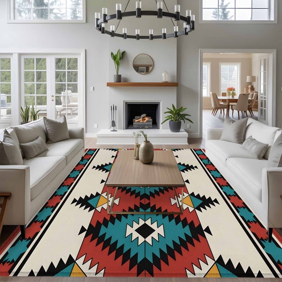 Aztec Tribe 8x10 Area Rug for Living Room Sectional Sofa, Red Black Blue Rhombus Geometric Pattern Washable Non Slip Large Rectangle Area Rug
