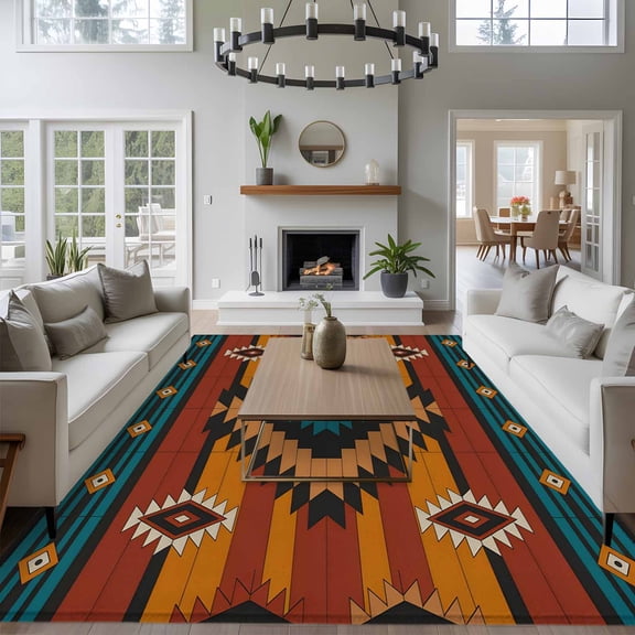 Aztec Tribe 8x10 Area Rug for Living Room Sectional Sofa, Rhombus Geometric Pattern Striped Background Washable Non Slip Large Rectangle Area Rug