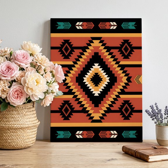 Aztec Tribe Canvas Wall Art, Brown Green Abstract Vintage Geometric Arrow Framed Canvas Wall Decor Picture Print Artwork Decorations for Living Room Office Ready to Hang 32" x 24"