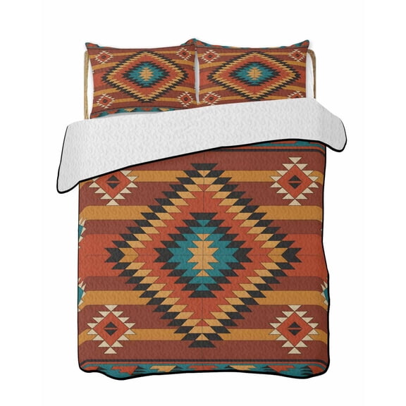 Aztec Tribe Quilts Bedding Set Queen Size Rhombus Triangle Geometric Pattern Lightweight Quilted Bedspread 3 Piece Bed Quilt with 2 Pillow Shams All Season for Bedroom 78" x 90"