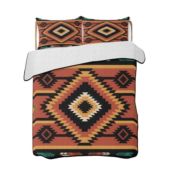 Aztec Tribe Quilts Bedding Set Twin Size Brown Green Abstract Vintage Geometric Arrow Lightweight Quilted Bedspread 3 Piece Bed Quilt with 2 Pillow Shams All Season for Bedroom 68" x 86"