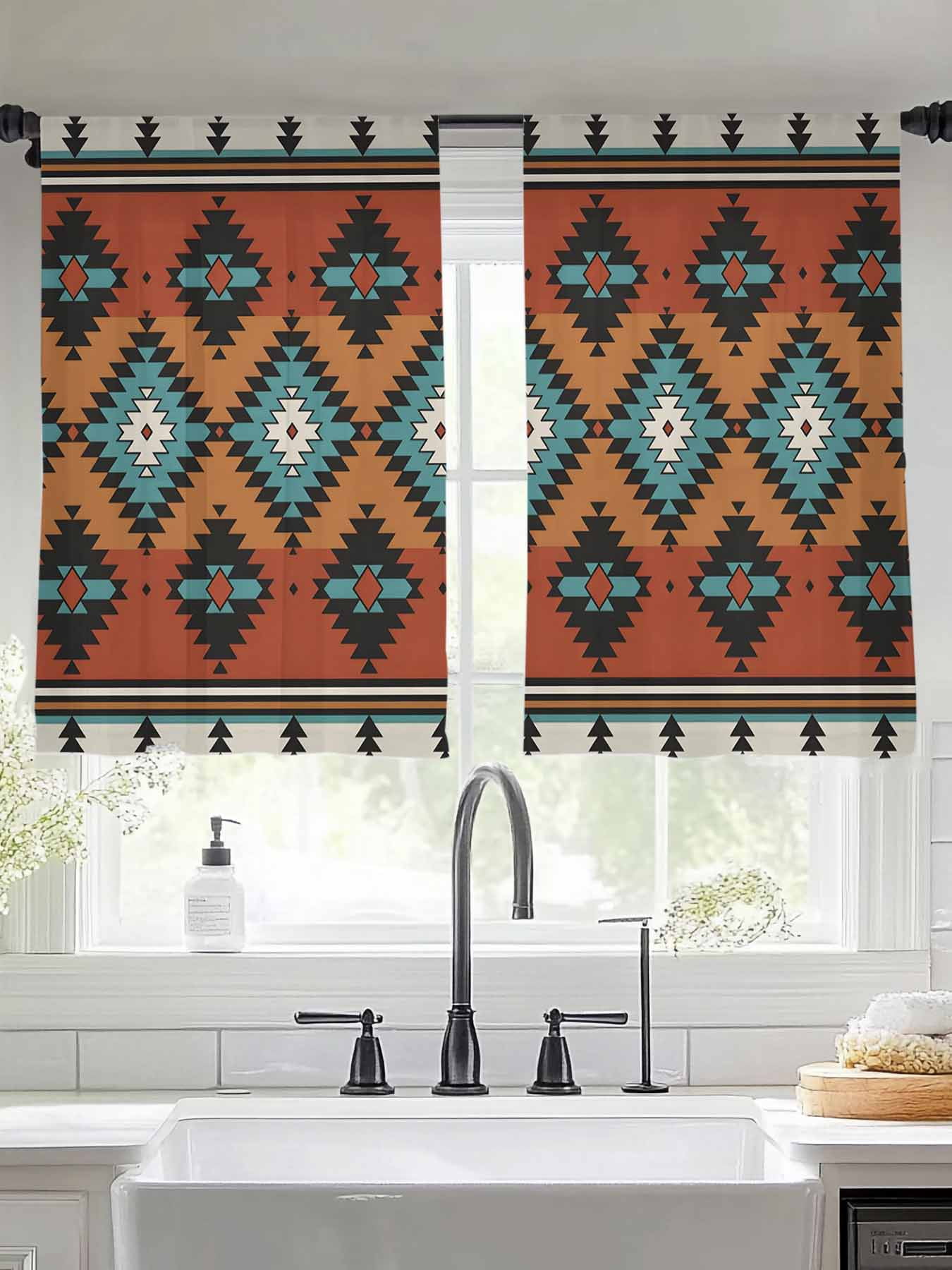 Aztec Tribe Sheer Curtains 45 Inches Long 2 Panels Blue Rhombus ...
