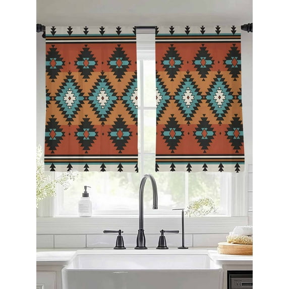Aztec Tribe Sheer Curtains 45 Inches Long 2 Panels Blue Rhombus Geometric Pattern Orange Background Light Filtering Semi Sheer Window Curtains Drapes for Bedroom Living Room 52"x45"