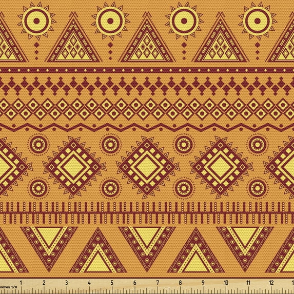 Ambesonne Aztec Fabric by the Yard Upholstery, Folkloric Triangles Suns, 1 Yard, Orange Yellow Burgundy