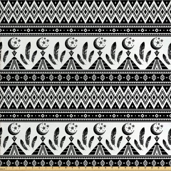 Ambesonne Aztec Fabric by the Yard Upholstery, Trippy Moon Feather Pattern, 5 Yards, Black and White