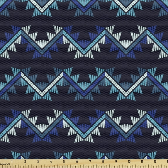 Ambesonne Aztec Fabric by the Yard Upholstery, Zigzags Oriental Vibes Art, 1 Yard, Blue Dark Night Blue