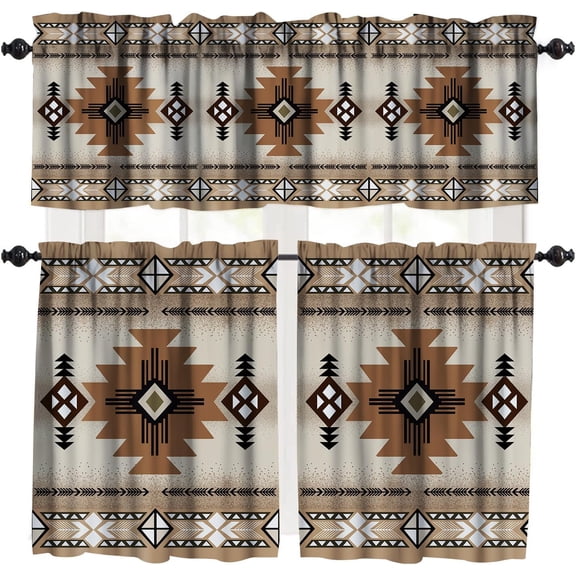 Aztec Valance Curtain 3 Piece Set,Bohemian Geometric Graphics Vintage Home Bedroom Living Room Window Decoration Curtain