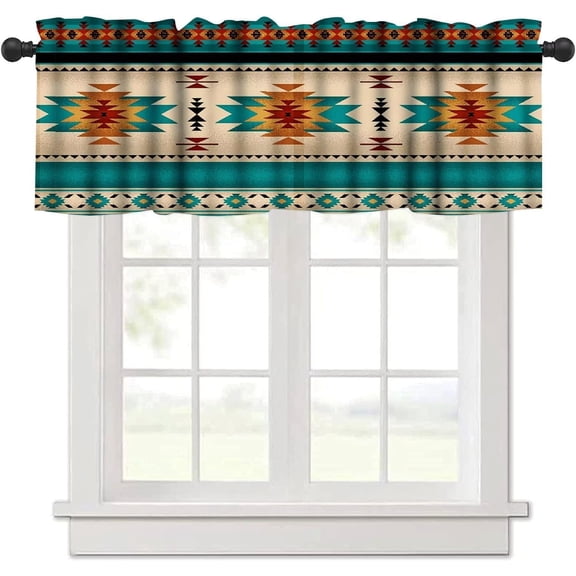 Aztec Valances Curtains, Teal Southwestern Native Tribal Kitchen Windows Valances Rod Pocket Wood Window Treatment Short Topper Curtains for Kitchen Bathroom Living Room 1 Panel,54x18 inch