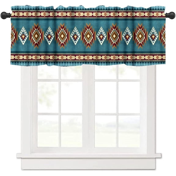 Aztec Valances Set for Kitchen,Western Aztec Tribal Ethnic Southwestern Rustic Boho Blue Teal Home Decor Rod Pocket Window Drapes for Living Room Dining Room Office 54x18inch
