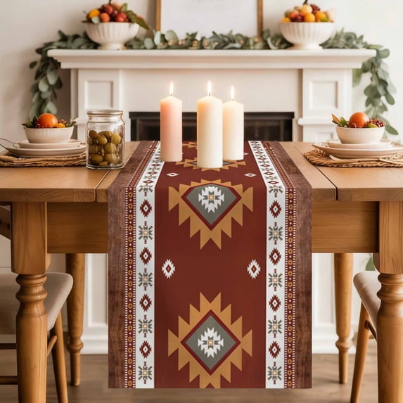 Aztec Vintage Ethnic Boho Stripe Table Runner 70 Inches Long,Kitchen Dining Tablerunners Tribal Totem Brown Wood Grain Linen Table Runners Dresser Scarves for Home Dinner Wedding Holiday Party Decor