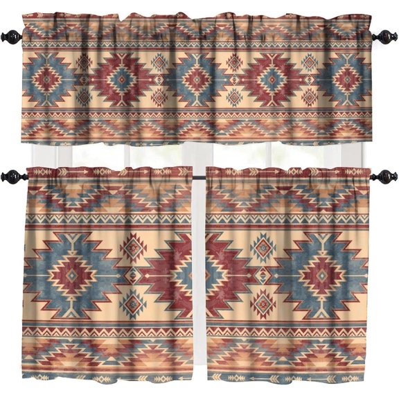 Aztec Vintage Valances Set for Kitchen, Rustic Western Native Aztec Style Tribal Traditions Home Decor Rod Pocket Window Drapes for Kitchen Living Room Dining Room Office 54x18 Inch + 27x36 Inch X 2