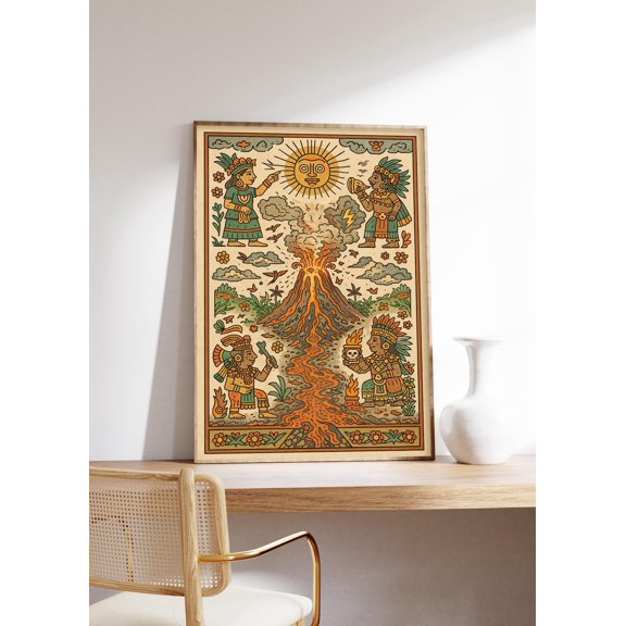 Aztec Volcano Art Print Tribal Ritual Illustration Art