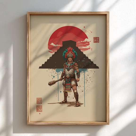 Aztec Warrior Japanese Ink Art Print, Sumi-e Rising Sun Poster, Mixed Media Wall Decor, Poster Only