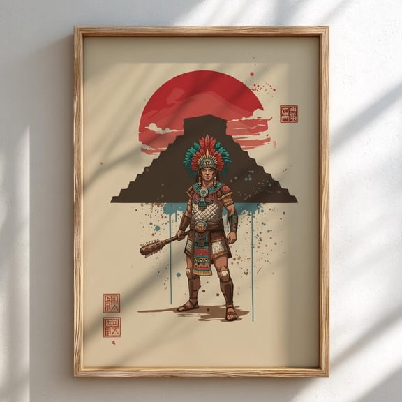 Aztec Warrior Japanese Ink Art Print Sumi-e Rising Sun Poster Mixed Media Wall Decor
