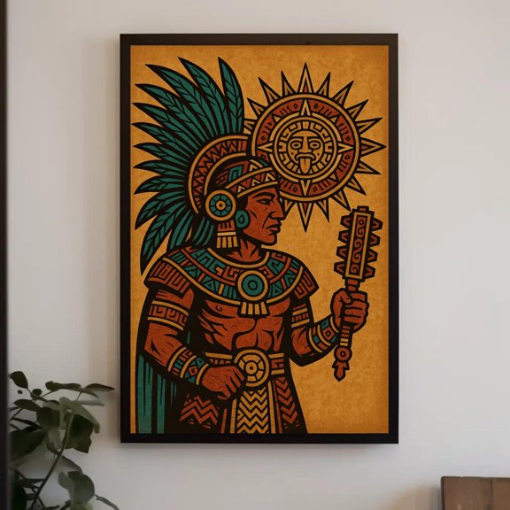 Aztec Warrior Sun Stone Wall Art Print, Indigenous Mexican Heritage Decor