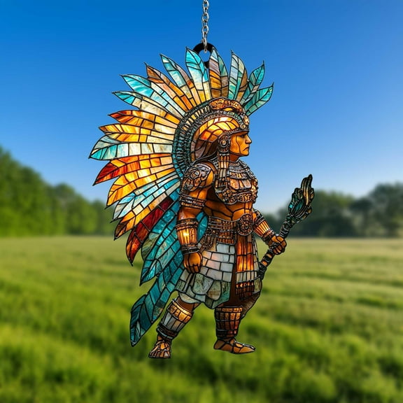 Acrylic Suncatcher Window Hanging 6-12 Inch Aztec Warrior Colorful Feathered Headdress Indigenous Tribal Stained Glass Effect Sacred Strength Window Decor