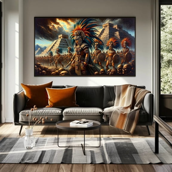 Aztec Warriors Canvas Painting, Framed Print, Mexican Cultural And Historical Mexican Decor, Ready To Hang, Living Room, Office, Or Study, Unframed Canvas Size 8x12