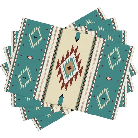 Aztec Washable Place Mats,Ethnic Southwestern Mexican Native Indian Green Placemats Set of 4 Linen Dinner Mats Kitchen Dining Room Party 12"x18"