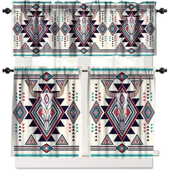 Aztec Window Curtain Set, Bull Skull Pattern Southwestern American Native Ethnic Tribal Bohemian Window Valances and Tier Set for Home Kitchen Living Room Café Décor 54''x18'' & 27''x24''x2, 3 Panels