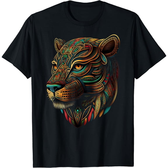 Azteca Mountain Lion Indigenous Aztec Art Colorful Animals T-Shirt