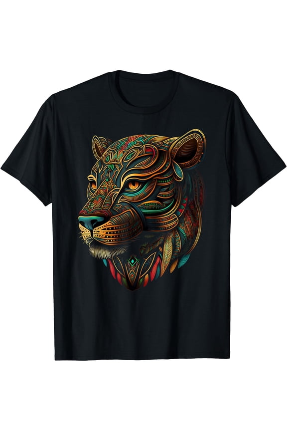 Azteca Mountain Lion Indigenous Aztec Art Colorful Animals T-Shirt