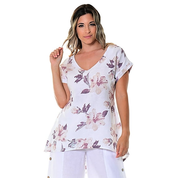 Azucar Ladies 100% Linen Short Sleeve V-neck with Hi-Low Hem in (3) Colors-LLWB110