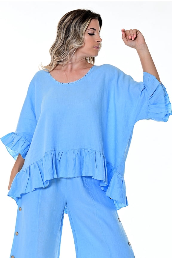Ladies Butterfly Top in 100% Linen w/Wide Neck and Ruffled Hem in (3) Colors-LLWB114