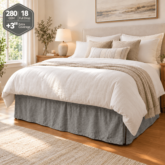 AzulHome 280GSM Heavyweight Linen King Bed Skirt, 18" Tailored Drop, Secure Double-Layer Elastic, Wrinkle-Resistant Grey Dust Ruffle (Light Steam Recommended)
