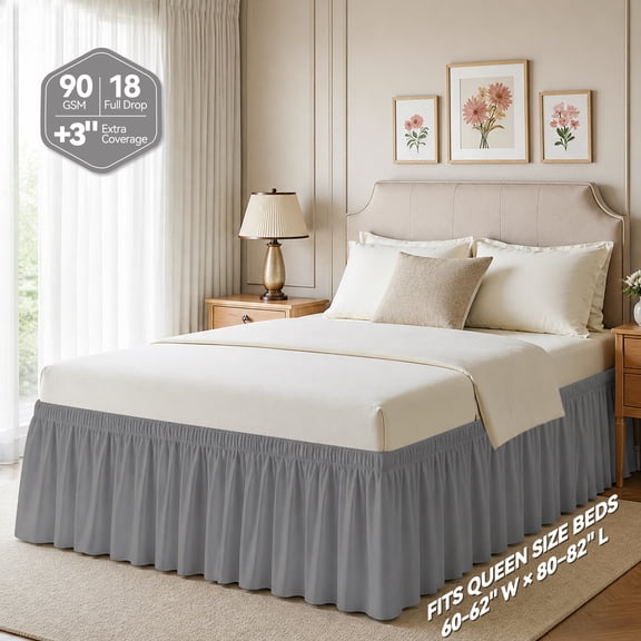 AzulHome Queen Bed Skirt 18 Inch Drop Dust Ruffle, 90GSM with 2 Adjustable Elastic Belts, Easy Fit Wrap Around (Gray)