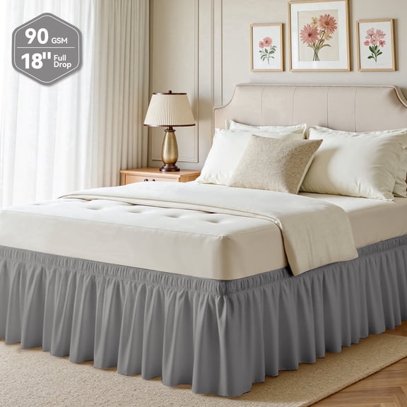 AzulHome King Bed Skirt 18 Inch Drop Dust Ruffle, Wrap Around with Adjustable Elastic Belt, Easy Install & Clean (Grey)