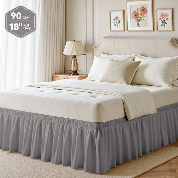 AzulHome Twin Bed Skirt 18 Inch Drop 90GSM Dust Ruffle, Wrap Around Adjustable Elastic Belt, Easy Install & Clean (Gray)