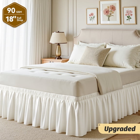 Beige Skirts, Wrap Around Dust Ruffle for Queen Beds, 18-inch Tailored Drop, Easy to Install and Clean