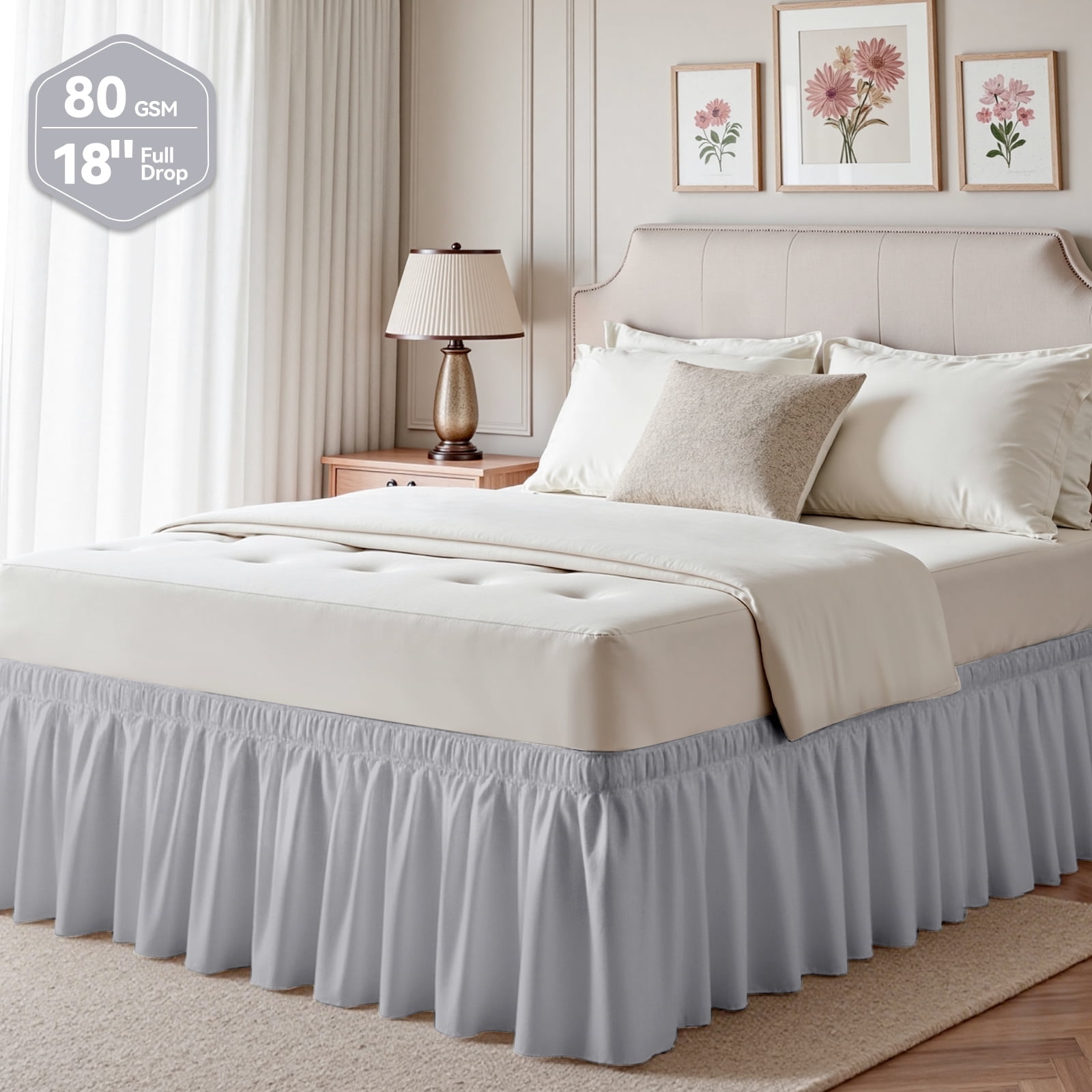 AzulHome Light Gray Bed Skirts Dust Ruffle For Queen Size Bed, 18 inch Tailored Drop with Adjustable Elastic Belt, Easy to Install and Clean