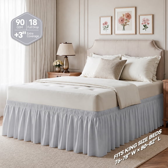 AzulHome Light Gray Skirts, Wrap Around Dust Ruffle for King Beds, 18-inch Tailored Drop, Easy to Install and Clean