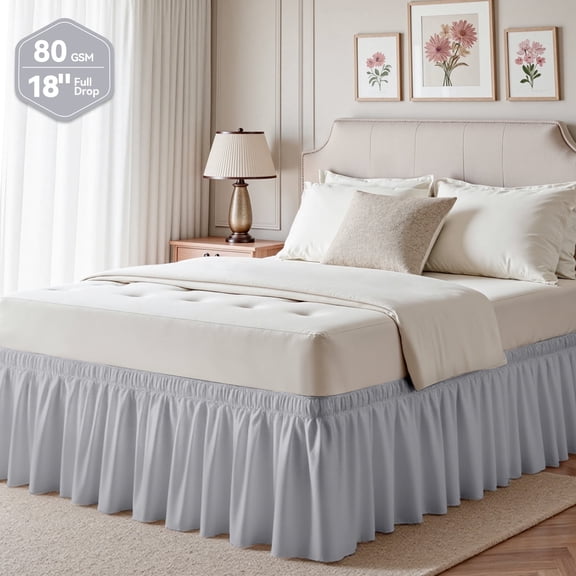 Light Gray Skirts, Wrap Around Dust Ruffle for King Beds, 18-inch Tailored Drop, Easy to Install and Clean
