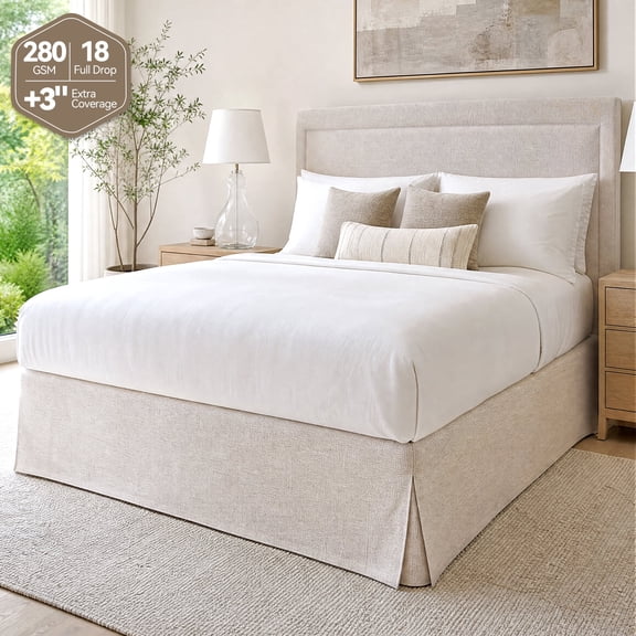 AzulHome Linen King Bed Skirt 280GSM, 18 Inch Tailored Drop Dust Ruffle, Wrinkle-Free Premium Textured Taupe with Double-Layer Adjustable Elastic Straps, Easy Install & Clean