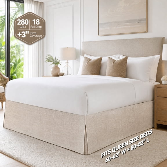 AzulHome Linen Queen Bed Skirt 280GSM, 18 Inch Tailored Drop Dust Ruffle, Wrinkle-Free Premium Textured Taupe with Double-Layer Adjustable Elastic Straps, Easy Install & Clean