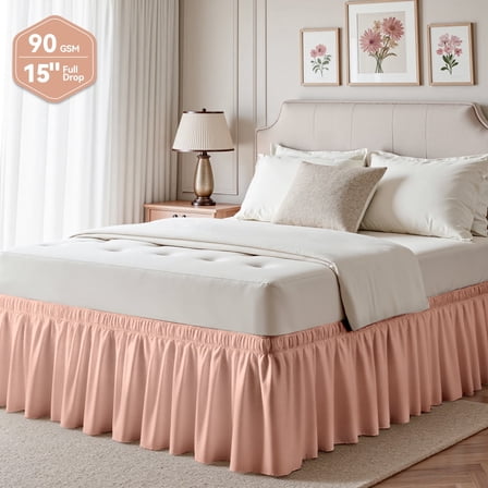 Lotus Root Pink Skirts, Wrap Around Dust Ruffle for Queen Beds, 15-inch Tailored Drop, Easy to Install and Clean