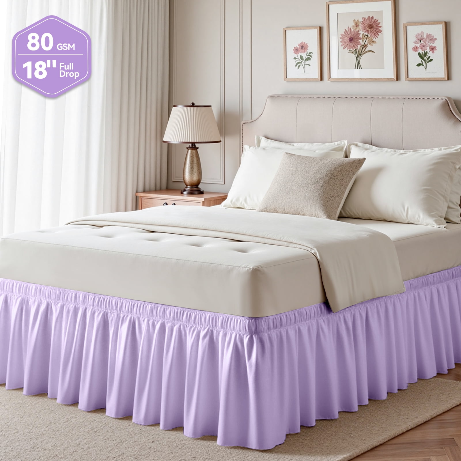Purple Skirts, Wrap Around Dust Ruffle for Twin Beds, 18-inch Tailored Drop, Easy to Install and Clean