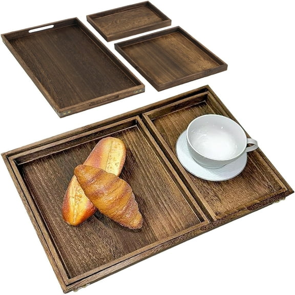 AzulHome Rustic Wooden Serving Trays with Handle, Serving Platters, Charcuterie Board Set of 3 Nesting Food Trays for Serving Food, Breakfast, Coffee Table